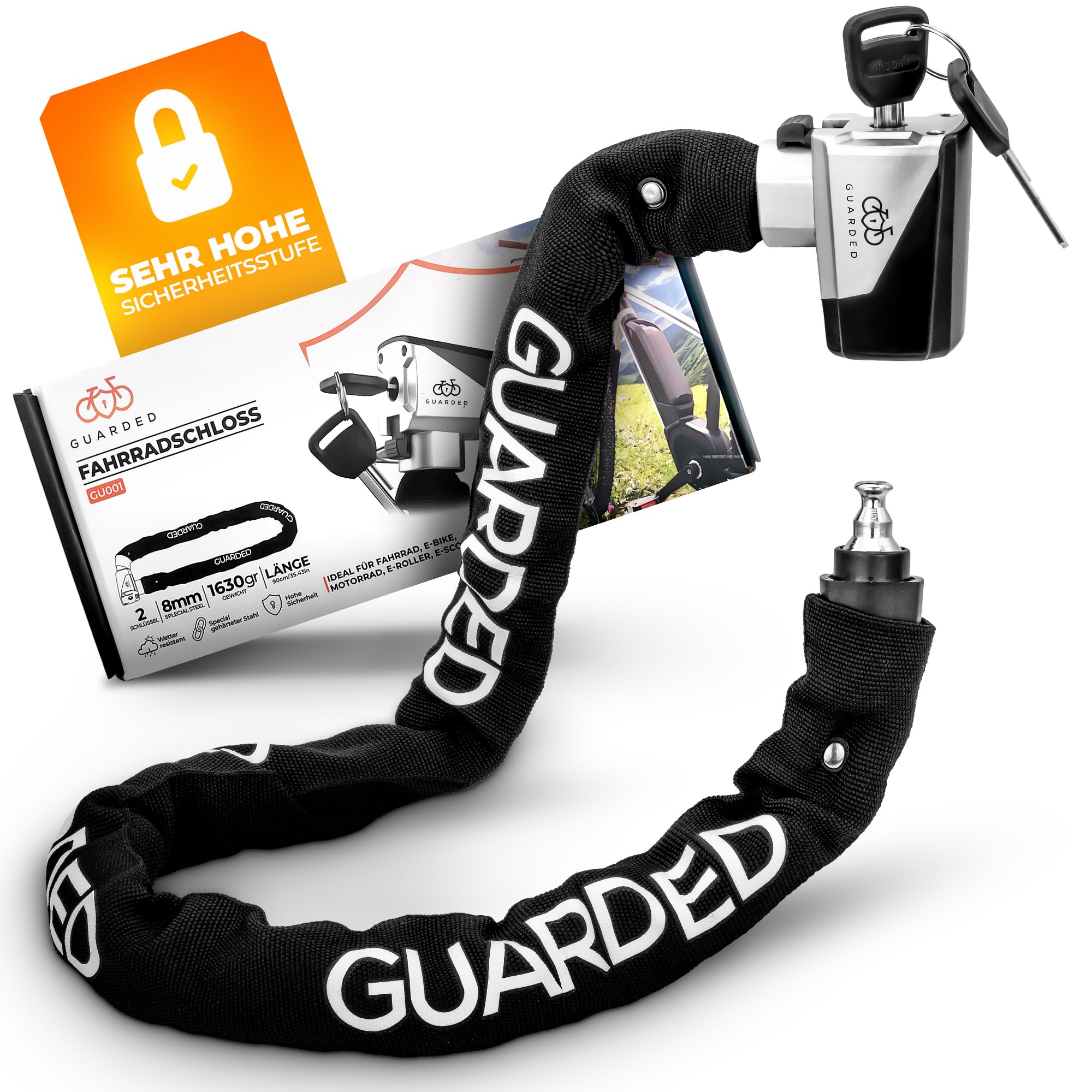 lucchetto-per-bici-884vfv-1.jpg GUARDED Lucchetto per bicicletta di alta qualità con chiave, catena in acciaio da 8 mm, alto livello di sicurezza, serratura antifurto, per scooter E, bici elettrica, scooter da città, moto : Amazon.it: - immagine 1