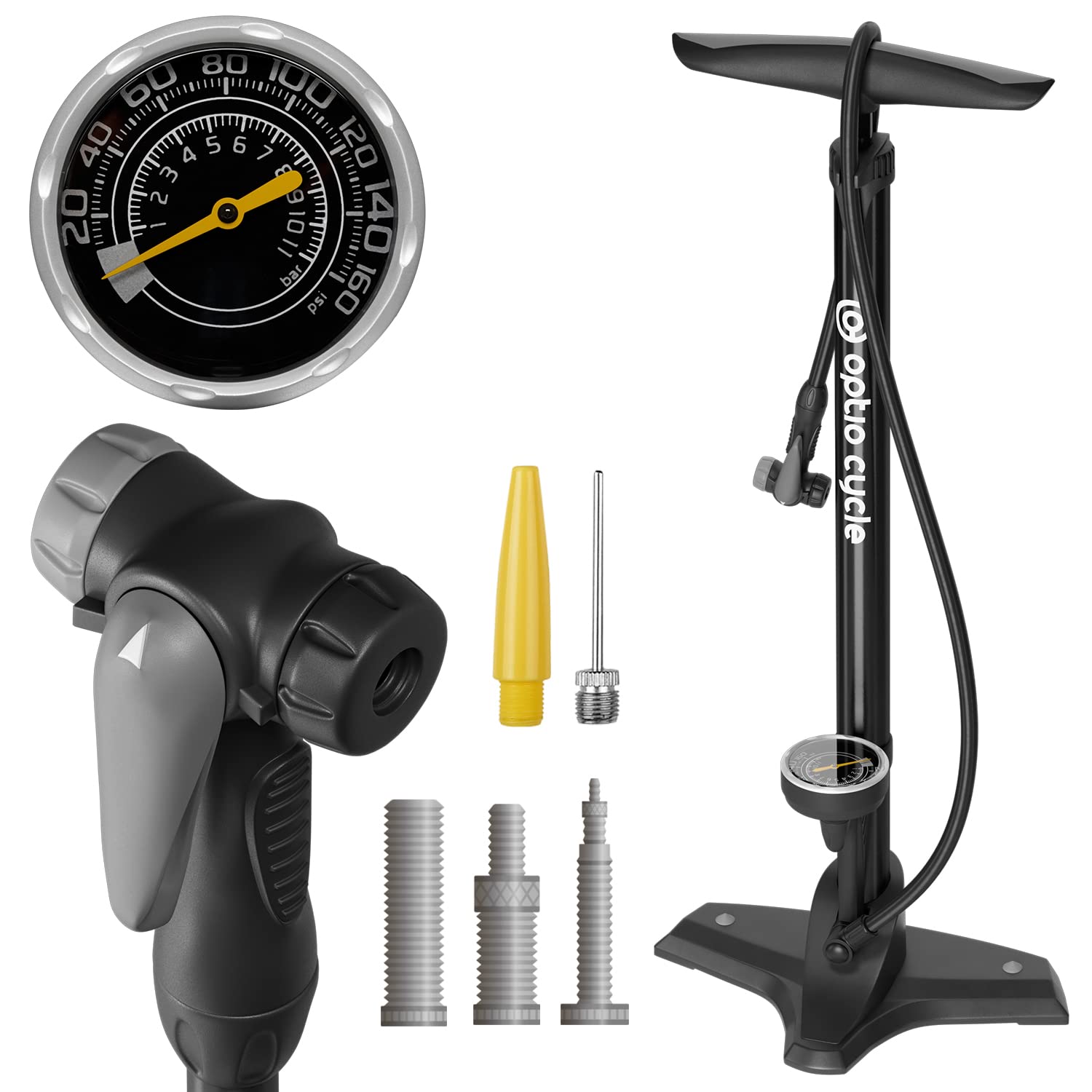 pompa-bici-329ldp-1.jpg Optio Cycle Pompa Bicicletta da Pavimento – Pompa Bici con Manometro fino a 11 Bar/160 PSI - immagine 1