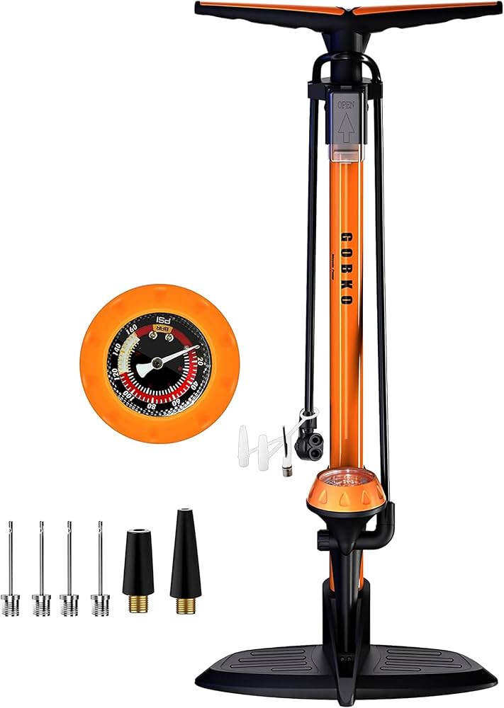 pompa-da-bicicletta-217tmb-1.jpg GOBKO Pompa da pavimento per bicicletta con manometro, pompa per bicicletta con pompa per pneumatici Presta e Schrader, pompa ad aria multifunzione per bici da strada, MTB, pompa ad alta pressione 160 : - immagine 1